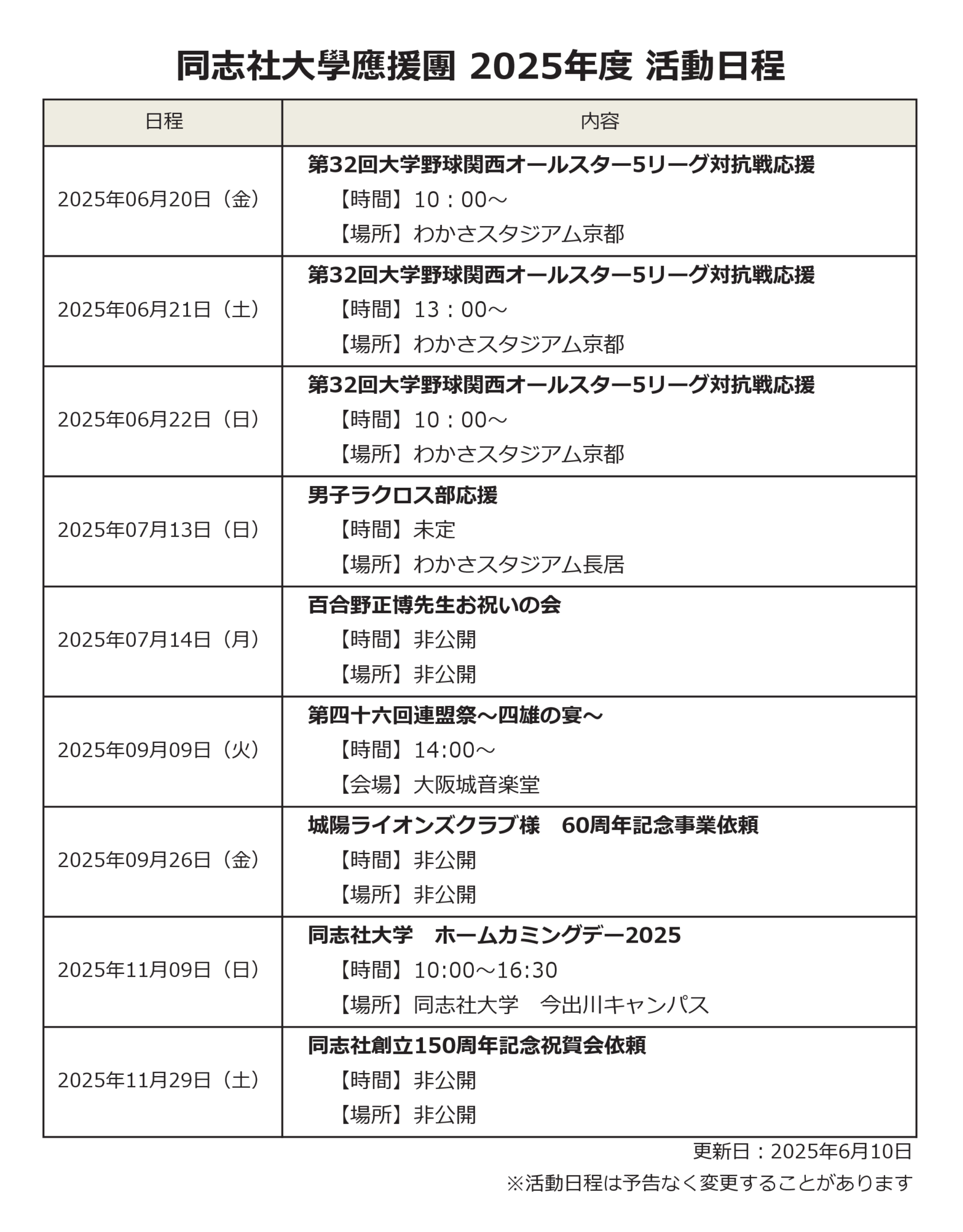 応援活動日程（2025年）の画像